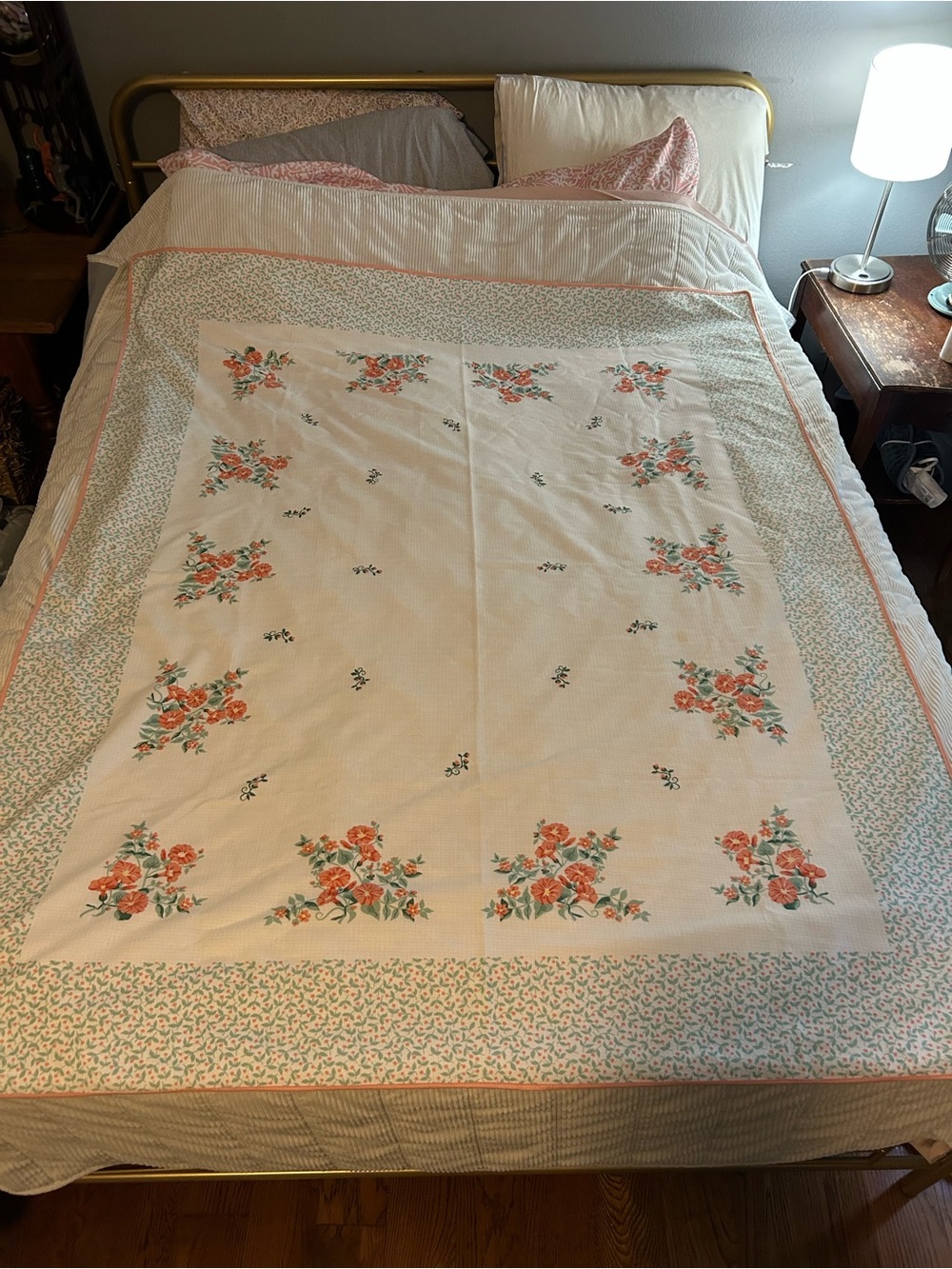 Vintage Floral Tablecloth 52x66 Peach Coral Green Cream Cottagecore Rectangular